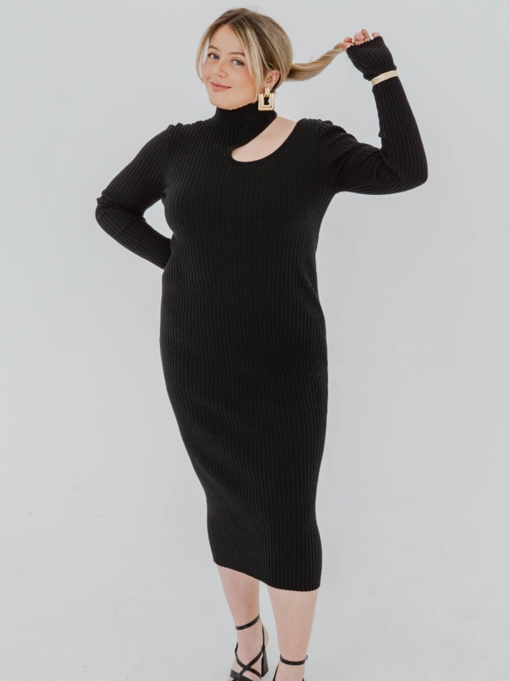 NWT ANINE BING VICTORIA BLACK RIBBED KNIT CUT OUT DRESS - L